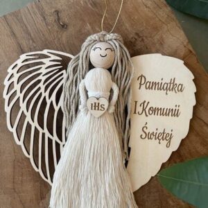 MAKRAMOWY ANIOŁEK DO POWIESZENIA - OZDOBA, RĘKODZIEŁO, PREZENT CHRZEST, KOMUNIA