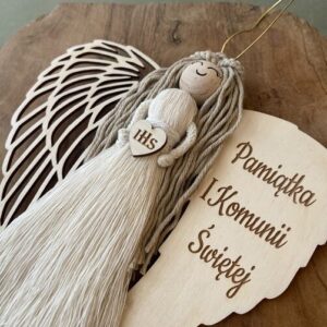 MAKRAMOWY ANIOŁEK DO POWIESZENIA - OZDOBA, RĘKODZIEŁO, PREZENT CHRZEST, KOMUNIA
