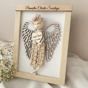 ANIOŁEK MAKRAMA W RAMCE NA PIERWSZĄ KOMUNIĘ I CHRZEST PAMIĄTKA CHŁOPIEC