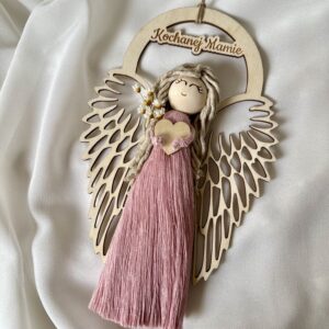 MAKRAMOWY ANIOŁEK DO POWIESZENIA - OZDOBA, RĘKODZIEŁO, PREZENT CHRZEST, KOMUNIA