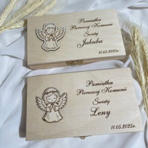 PERSONALIZOWANA DREWNIANA SKRZYNECZKA NA PIENIĄDZE KOMUNIA Z ANIOŁKIEM