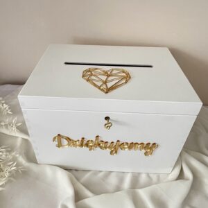 DUŻA BIAŁA DREWNIANA SKRZYNKA Z GRAWEREM NA KOPERTY I ŻYCZENIA ŚLUBNE