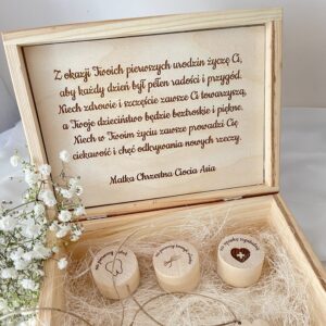 ZESTAW PREZENTOWY DREWNIANE PUDEŁKO NA DZIECIĘCE SKARBY