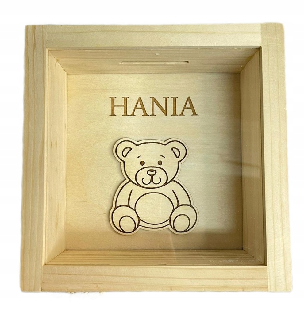 Drewniana skarbonka prezent Miś z Imieniem
