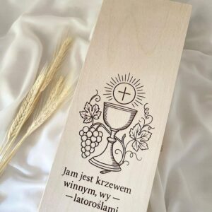 Drewniana skrzynka na wino mszalne motyw eucharystyczny Pierwsza Komunia