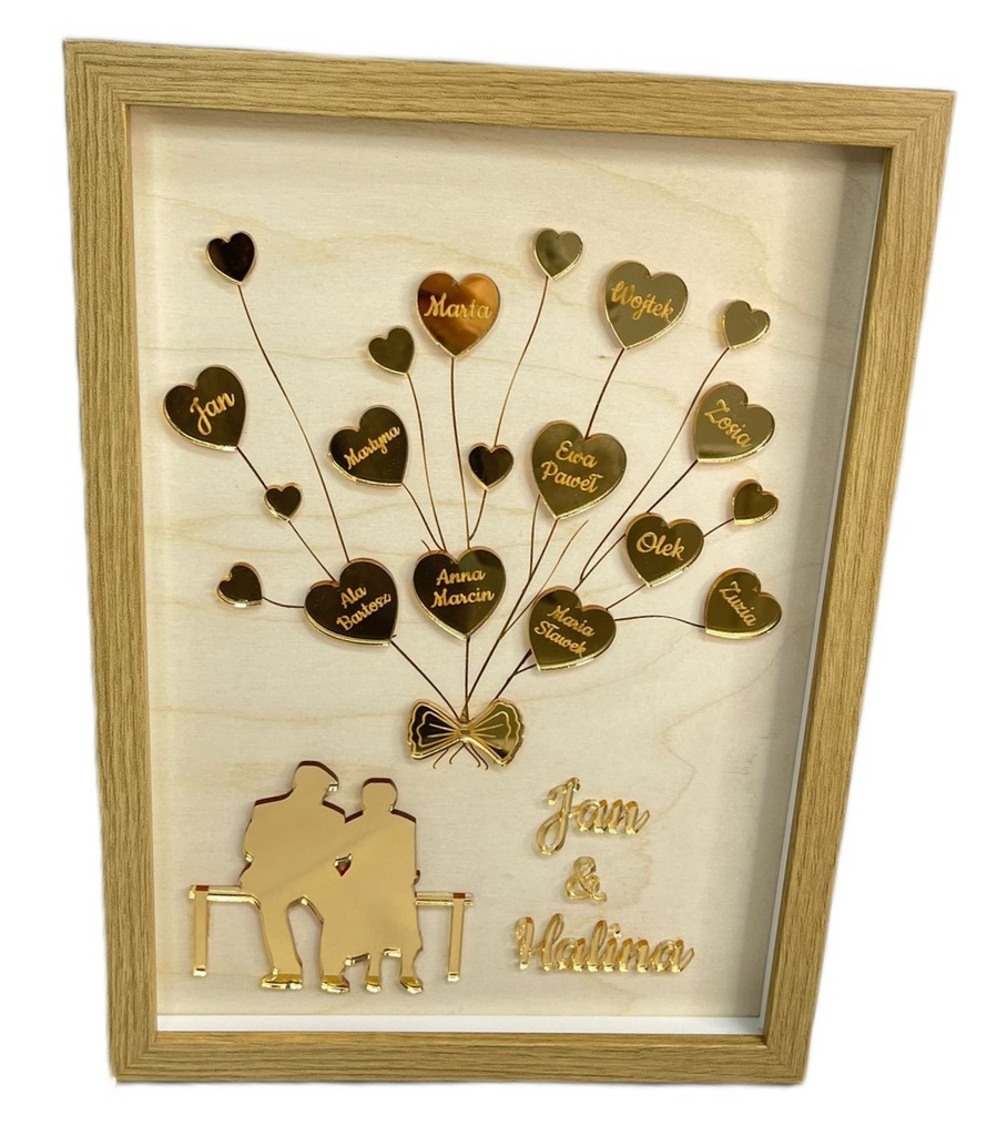 Drzewko serc z imionami personalizowany obraz w ramce Prezent dla Rodziców