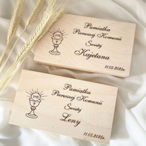 Pamiątka Pierwsze Komunii Świętej skrzynka na pieniądze Personalizacja