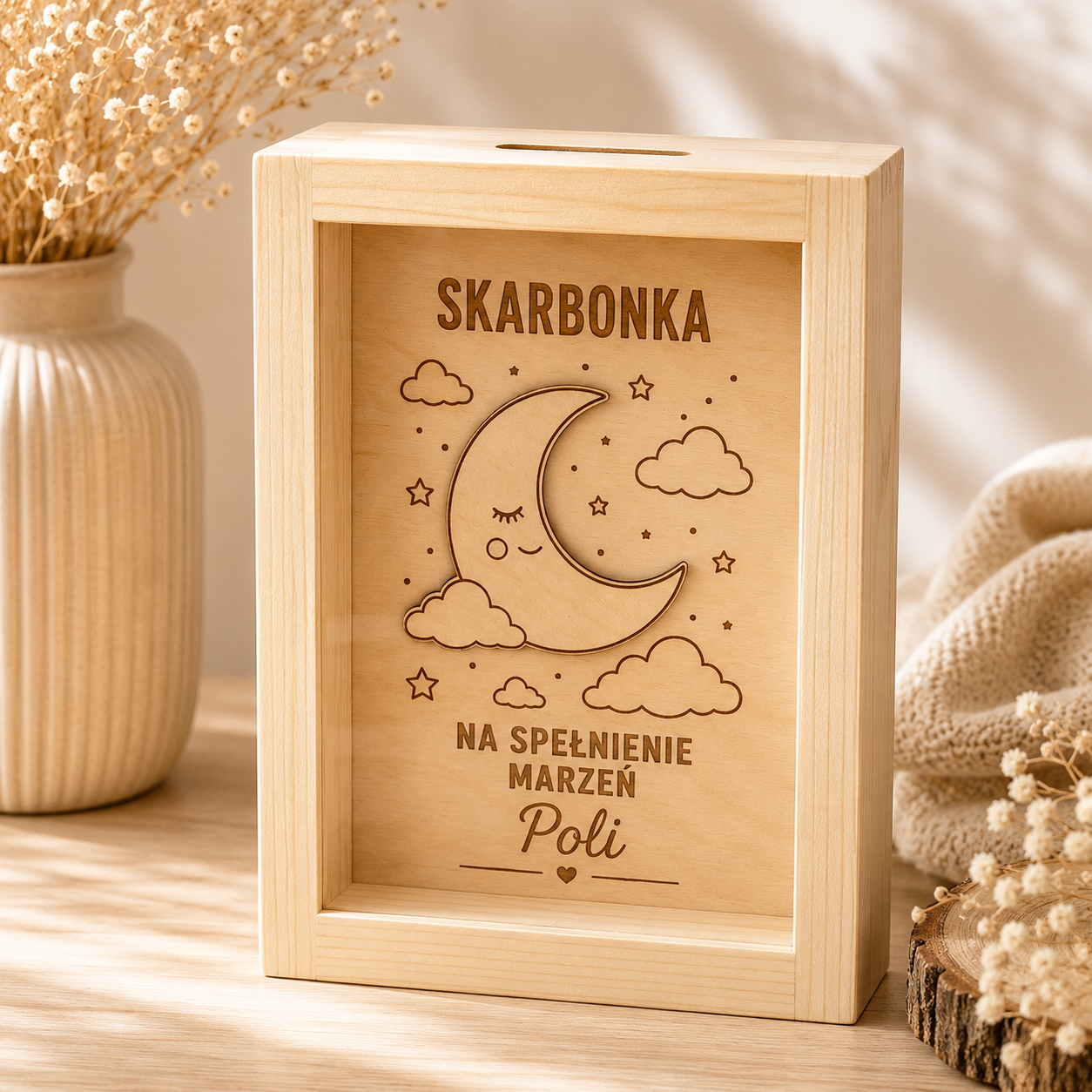 DREWNIANA SKARBONKA "NA SPEŁNIENIE MARZEŃ" - PERSONALIZOWANA